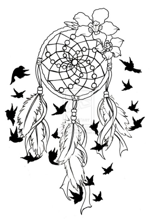Black Ink Flying Birds And Dreamcatcher Tattoo Design